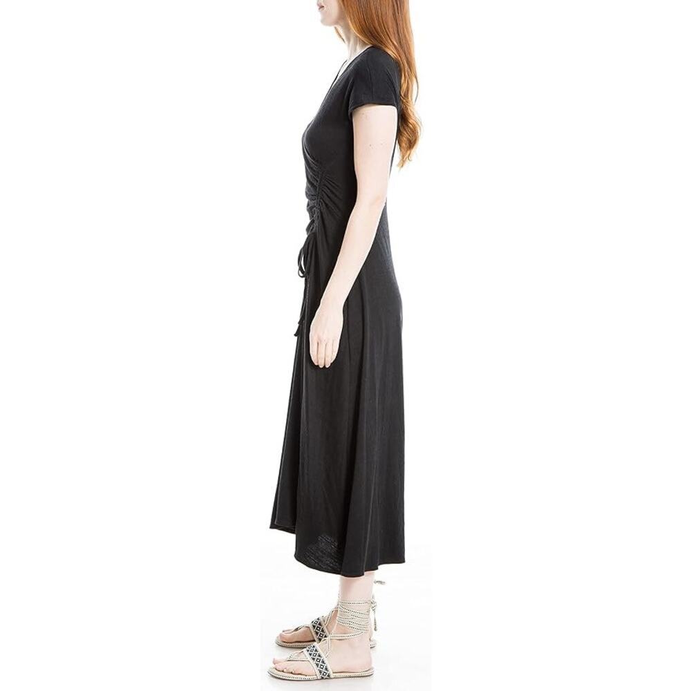 Max Studio Faux Wrap Side Ruched Midi Dress in Black Crinkled Jersey, Size Small - Picture 7 of 11